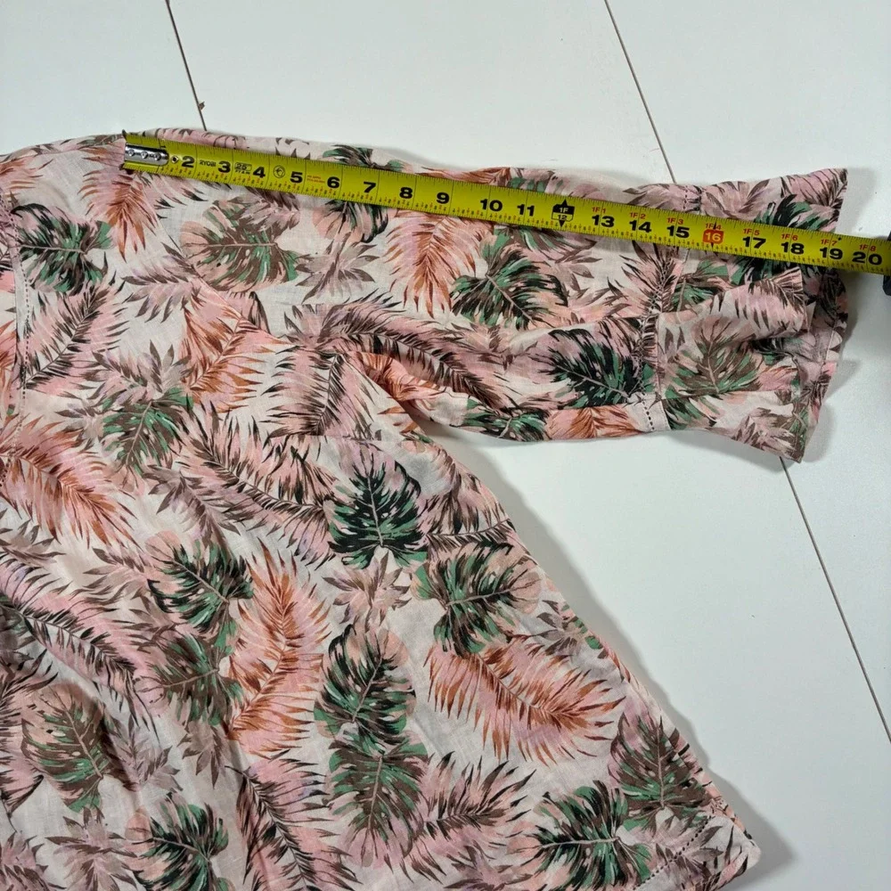 J. Jill Love Linen Blouse Women XL Pink Green Tropical Palm Leaf V-Neck - Picture 8 of 9